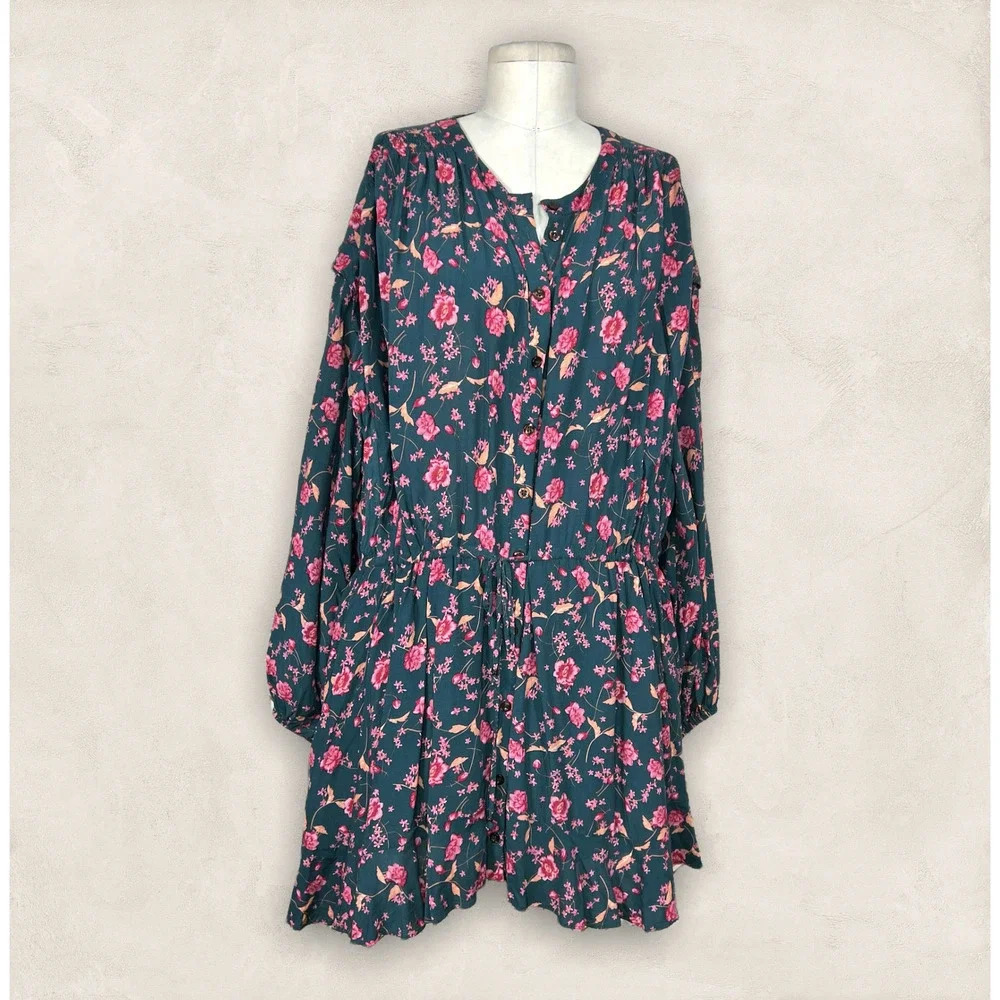 Free People Flower Fields Mini Dress Green Pink Floral Print Size Medium